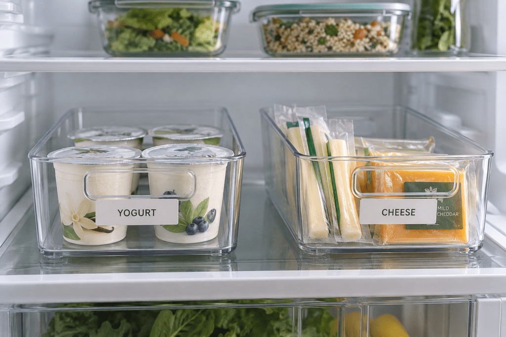 Clear refrigerator bins with handles keep yogurt cups and packaged cheese grouped and visible on a shelf.