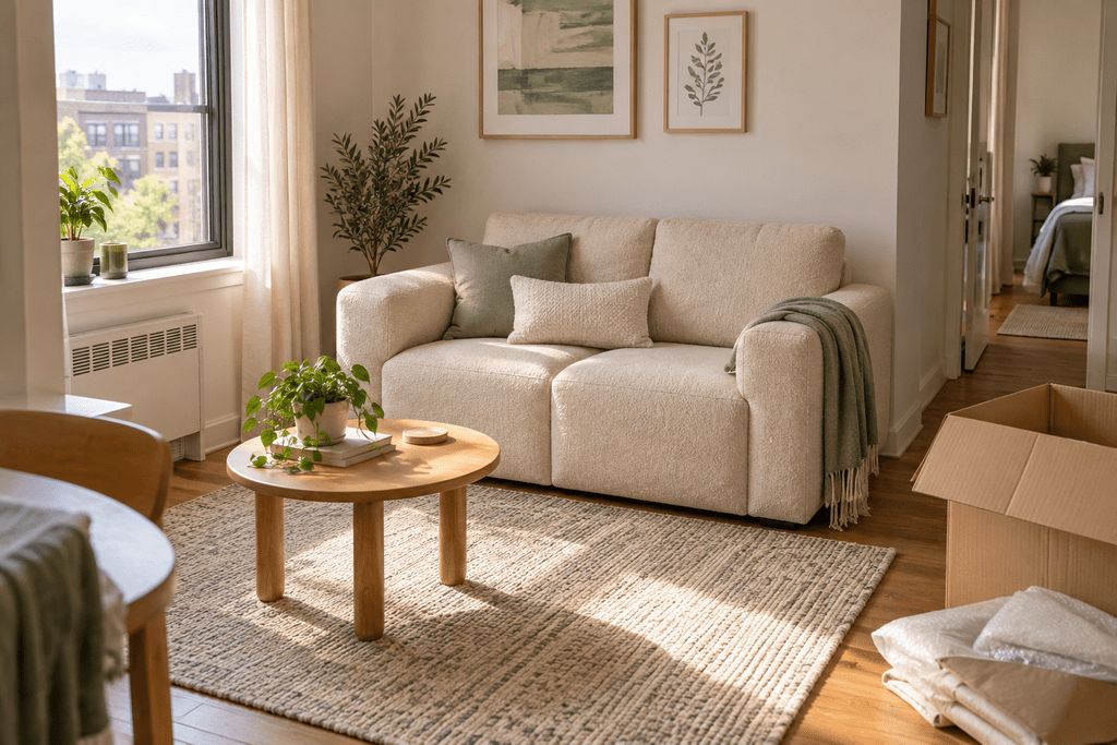 Compact beige no-assembly loveseat fitting comfortably in a bright small apartment living room.