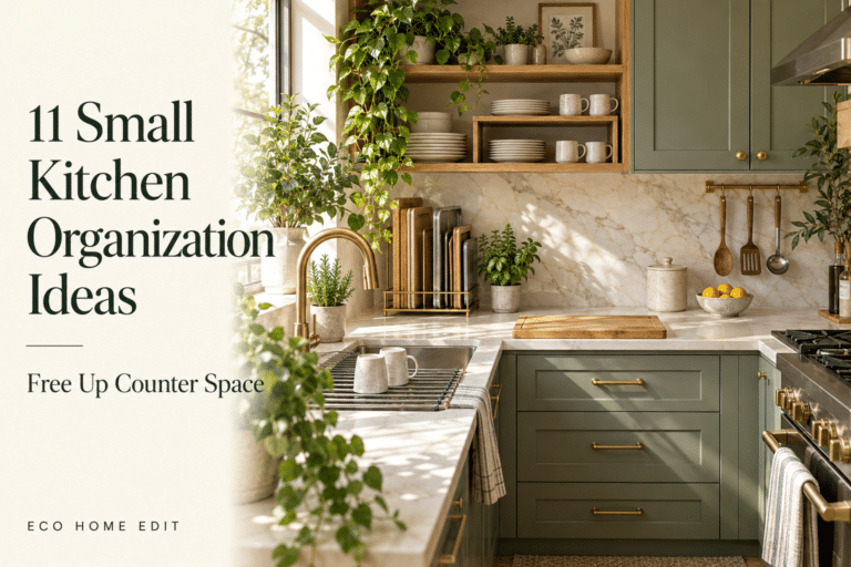 Luxury sage-green kitchen with lush plants, brass fixtures, organized shelves, upright cutting boards, and an over-the-sink drying rack.