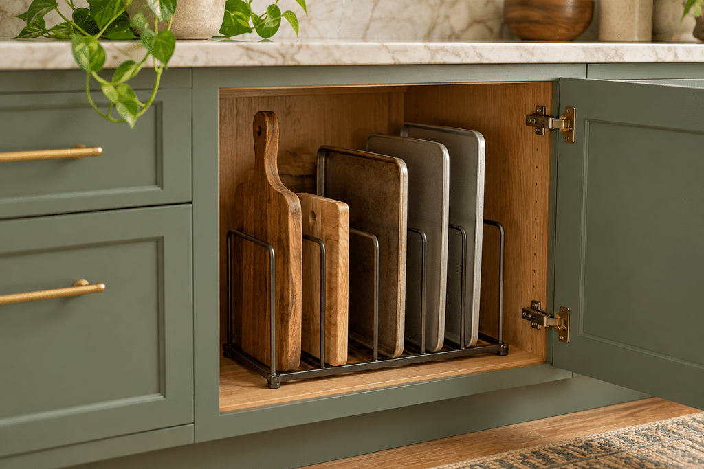 Wooden cutting boards and metal baking sheets stored upright in a divider rack inside an open sage-green kitchen cabinet.