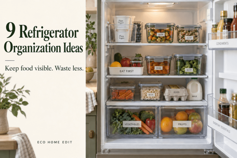Organized refrigerator with milk on an interior shelf, clear food containers, dated leftovers, and an “Eat First” tray beside the title “9 Refrigerator Organization Ideas.”