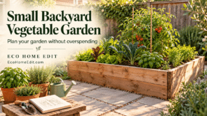 Raised vegetable bed and potted herbs with Eco Home Edit text: “Small Backyard Vegetable Garden—Plan your garden without overspending.”