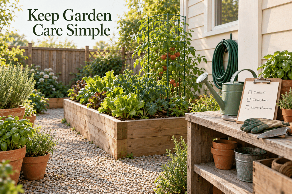 Small raised vegetable garden beside an organized watering station, tools, and care checklist, with the heading “Keep Garden Care Simple.”