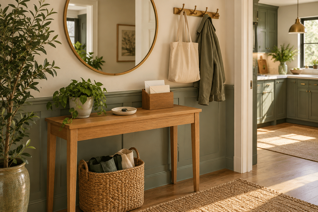 Organized entryway with a key tray, mail holder, and hooks for bags and jackets, keeping everyday belongings off kitchen counters.