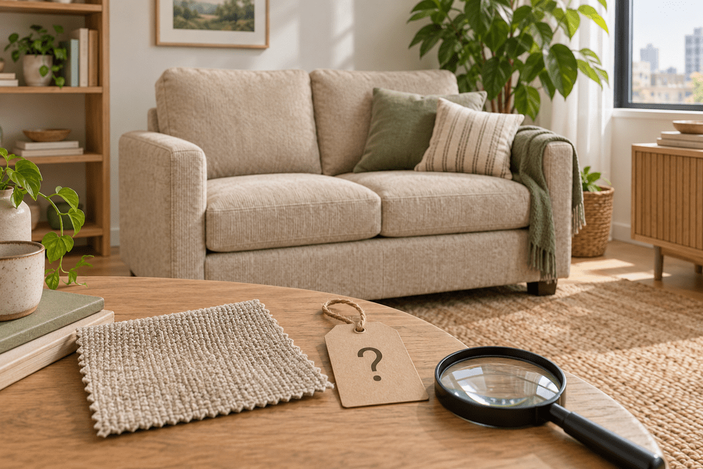 Chenille loveseat with a fabric sample, question-mark tag, and magnifying glass for evaluating environmental claims.