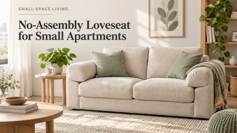Beige no-assembly loveseat with green pillows in a bright, plant-filled small apartment living room.