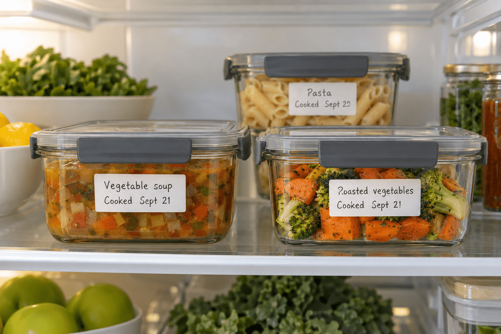 Glass containers of vegetable soup, roasted vegetables, and pasta labeled with food names and cooking dates on a refrigerator shelf.