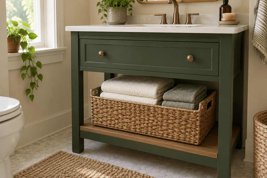 Woven basket holding folded cream and sage towels on an open shelf beneath a green bathroom vanity.