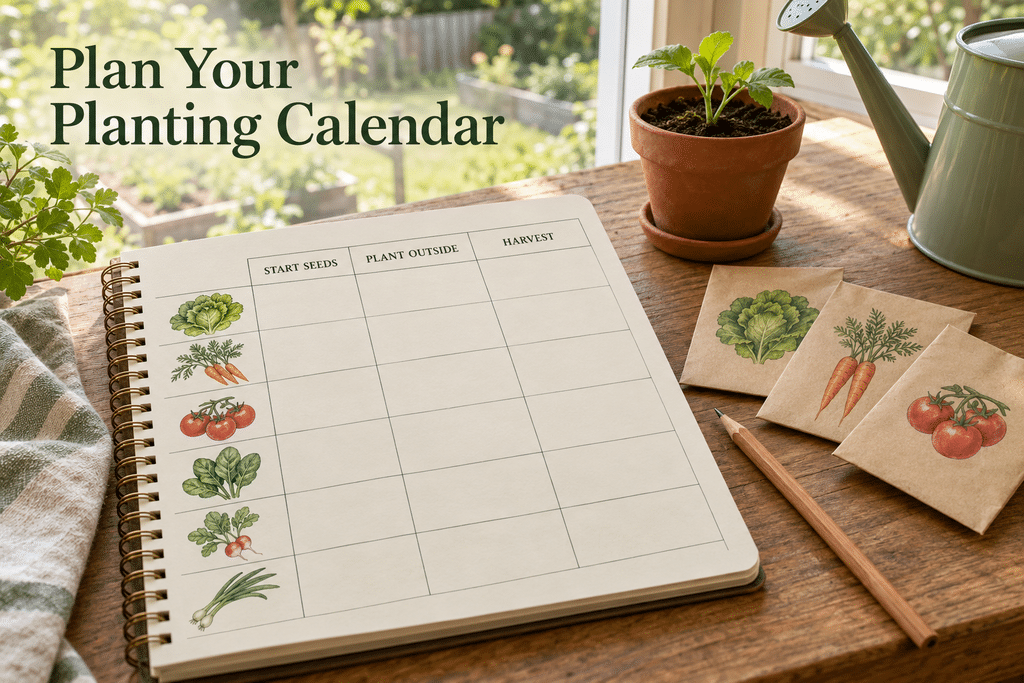 Vegetable planting planner beside seed packets, a potted seedling, and a sage-green watering can, with the heading “Plan Your Planting Calendar.”