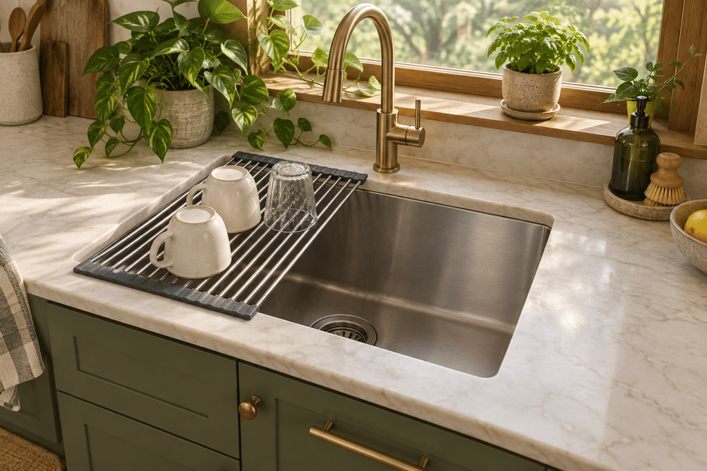 Roll-up drying rack holding mugs and a glass over a kitchen sink, leaving counter space clear beside sage-green cabinets and leafy plants.