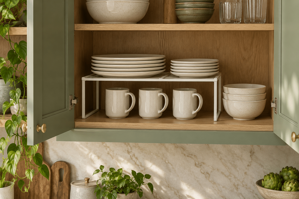 Cabinet shelf riser organizing cream plates above mugs inside an open sage-green kitchen cabinet with a warm wood interior.