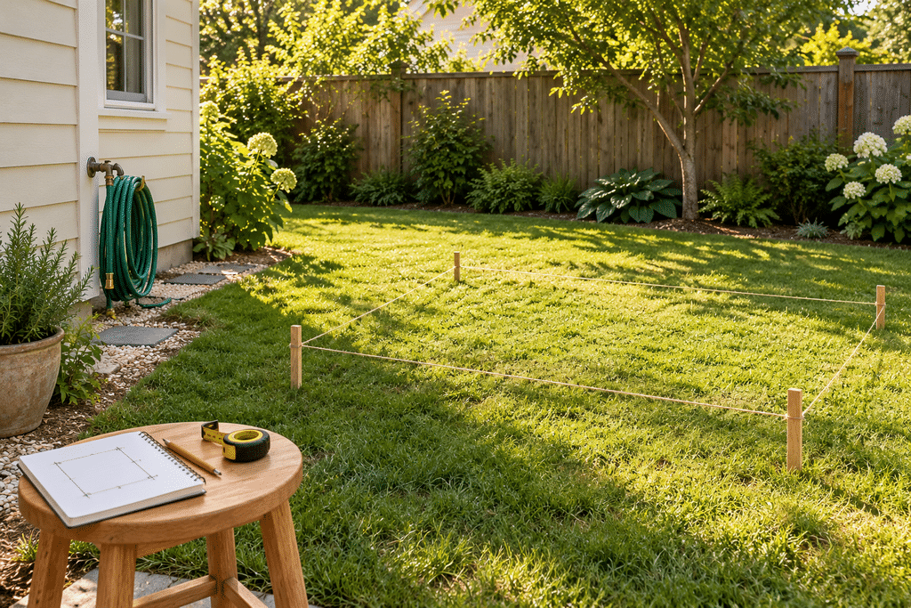 Small backyard garden area marked with string and wooden stakes, with sunlight, nearby water access, and a notebook and measuring tape for planning.