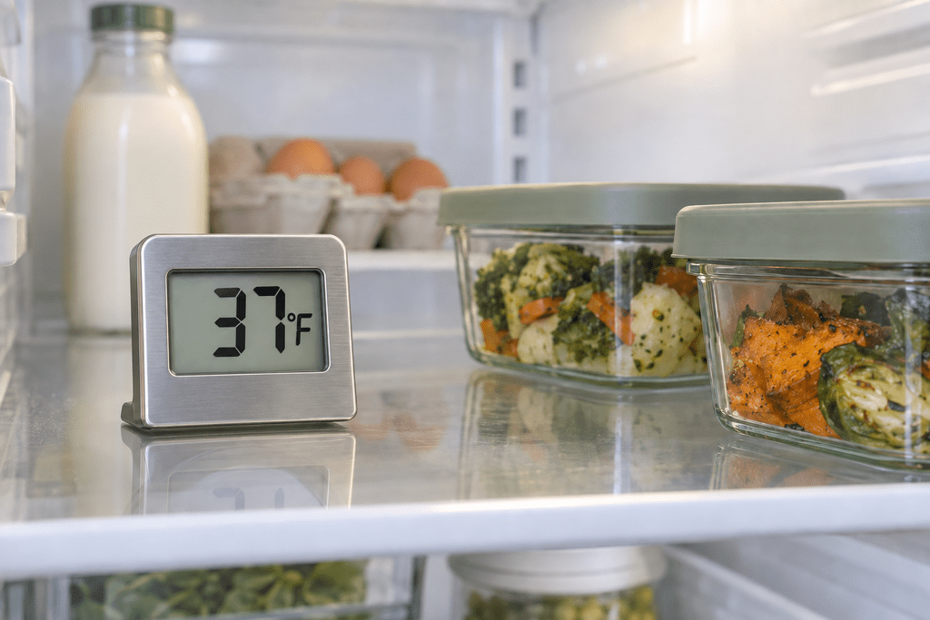 Digital refrigerator thermometer displaying 37°F beside covered glass food containers, with milk and eggs on an interior shelf.