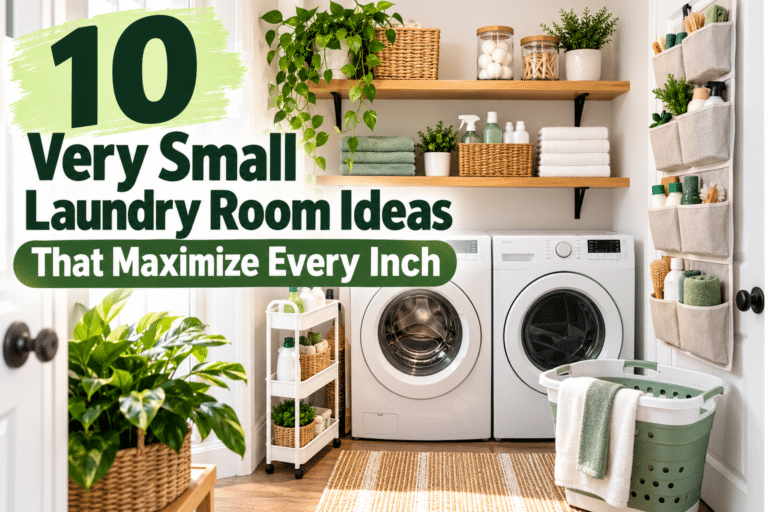 Very small laundry room with wall-mounted wooden shelves, a slim rolling storage cart, an over-the-door organizer, and a collapsible laundry basket, showcasing space-saving laundry room ideas.