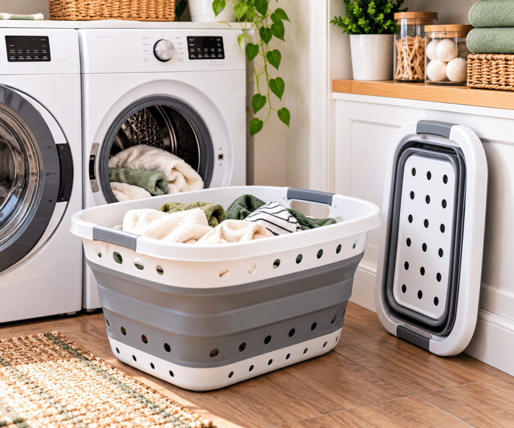 Space-saving collapsible laundry basket filled with towels beside a washing machine, with a folded basket stored upright against the wall in a small, organized laundry room.