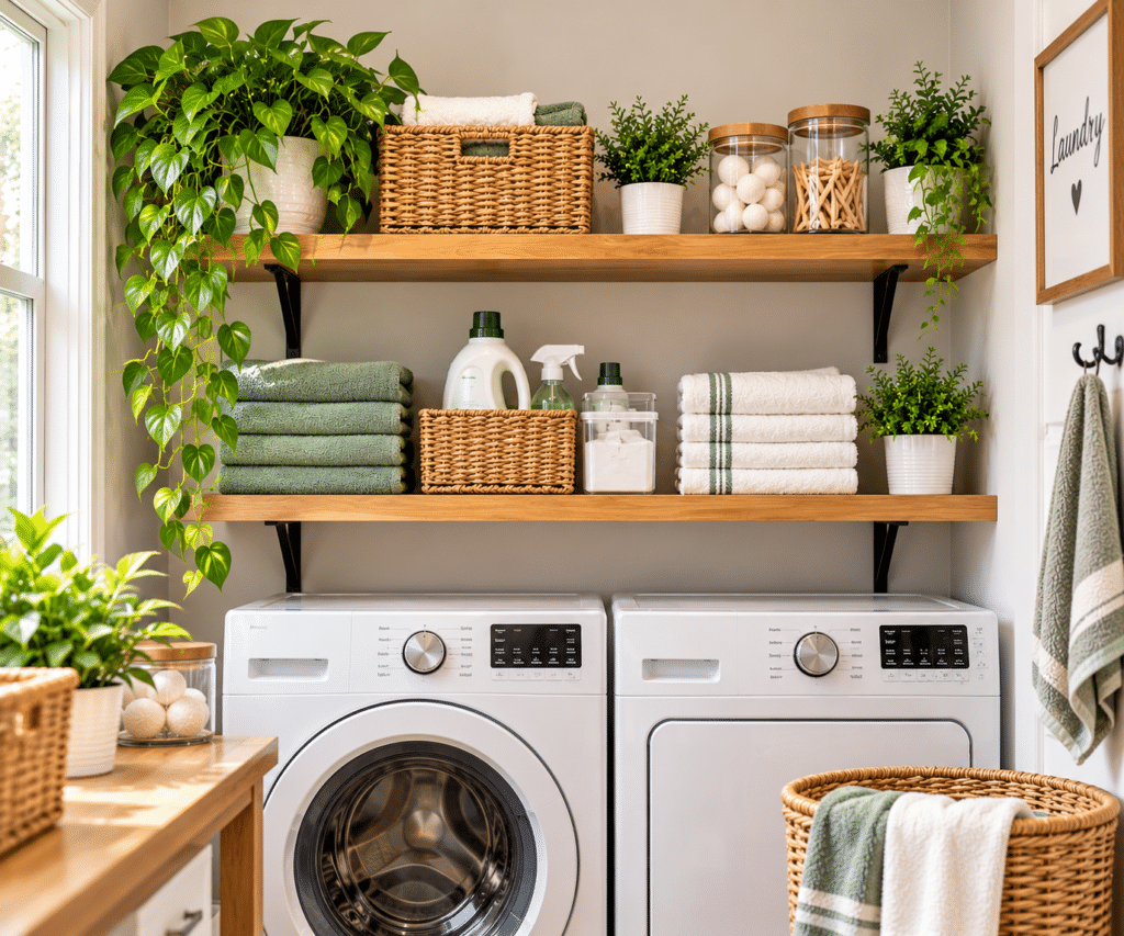 Small laundry room with wooden wall-mounted shelves above a washer and dryer, neatly organized with wicker baskets, folded towels, laundry detergent, and green plants.