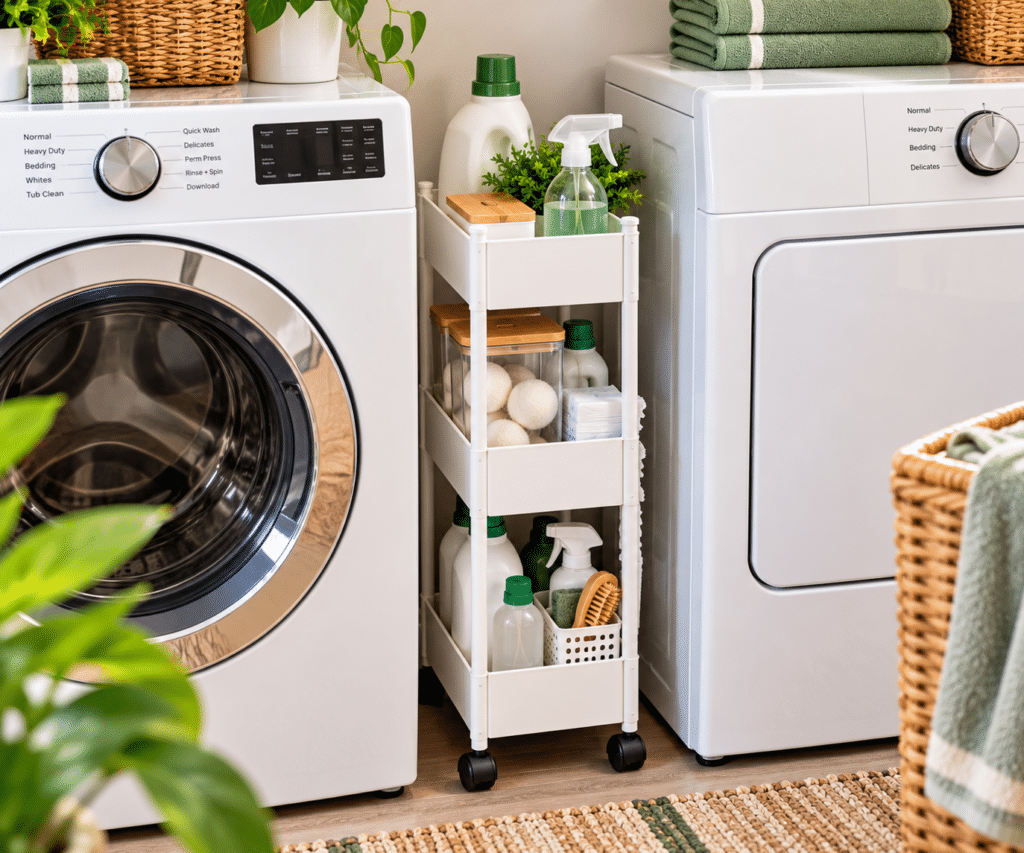 White three-tier slim rolling storage cart positioned between a washer and dryer, holding laundry detergent, dryer balls, and cleaning supplies to maximize storage in a very small laundry room.